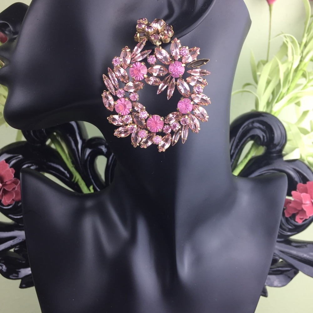 J. Crew Gold Toned Pink Jeweled Statement Earrings